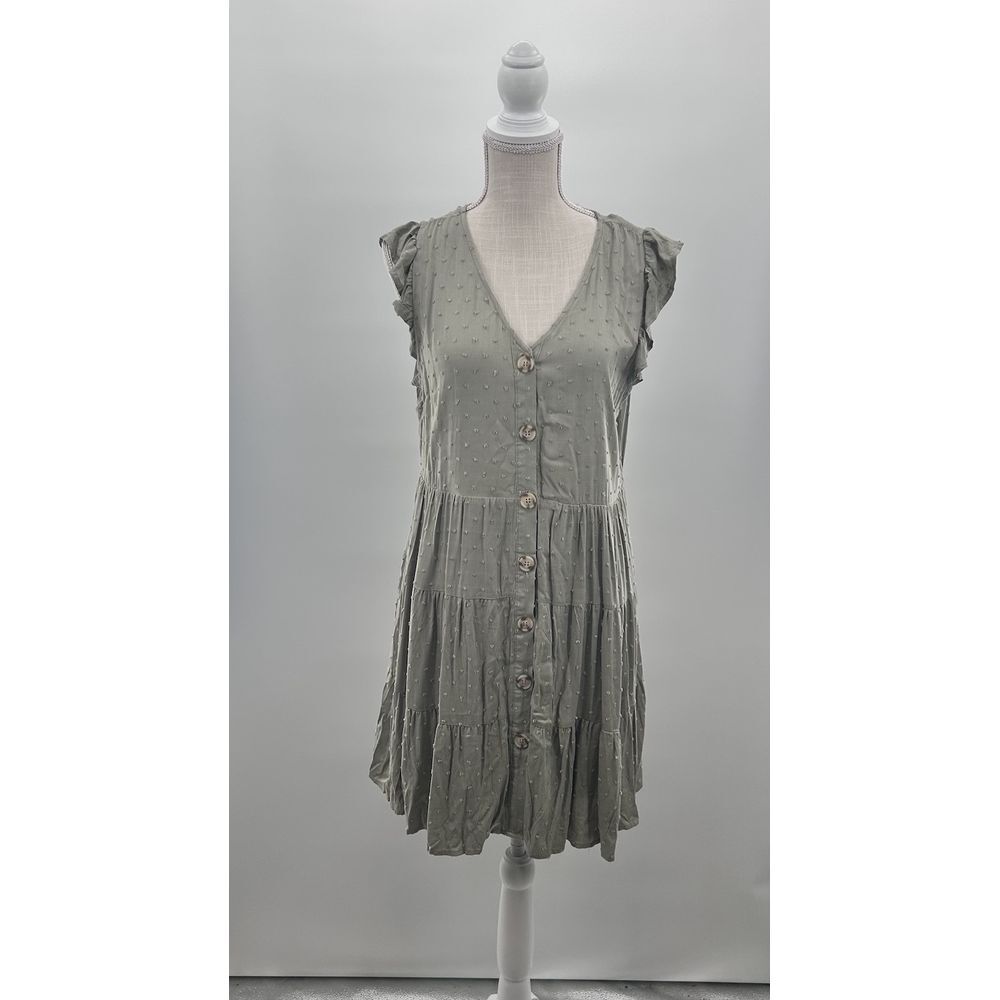 🧷 BLU PEPPER WOMENS OLIVE GREEN CALA‎ TEXTURED TIERED SIZE LARGE DRESS NWT